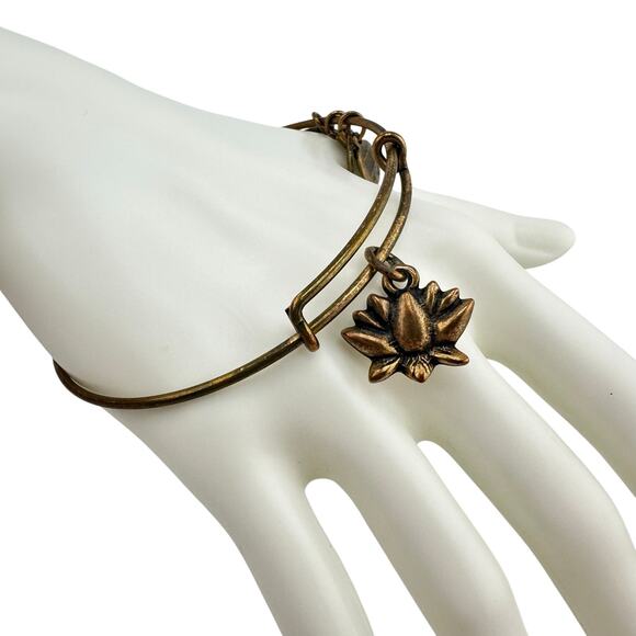 Alex and Ani Lotus Peace Petals Bronze Tone Charm Bangle 7.75" Bracelet - Picture 3 of 5